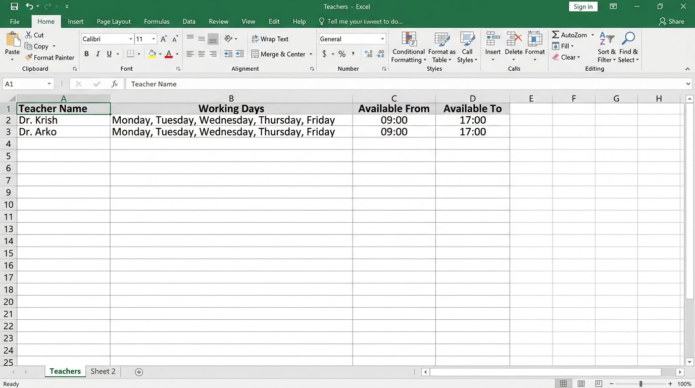 Excel Sheet 3 template tutorial showing Teacher names, working days, and available time windows