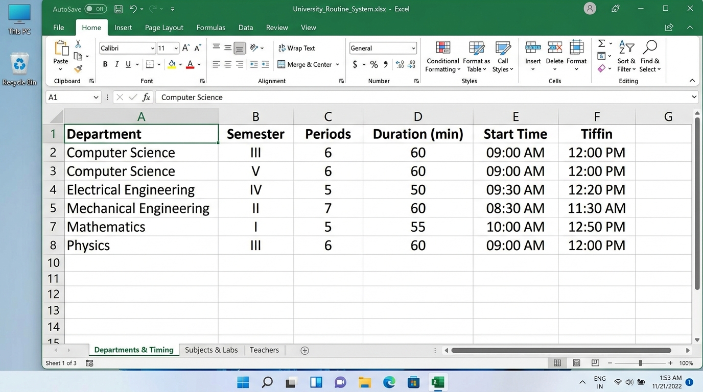 Excel Sheet 1 template tutorial showing Department name, working days, and period timing configuration