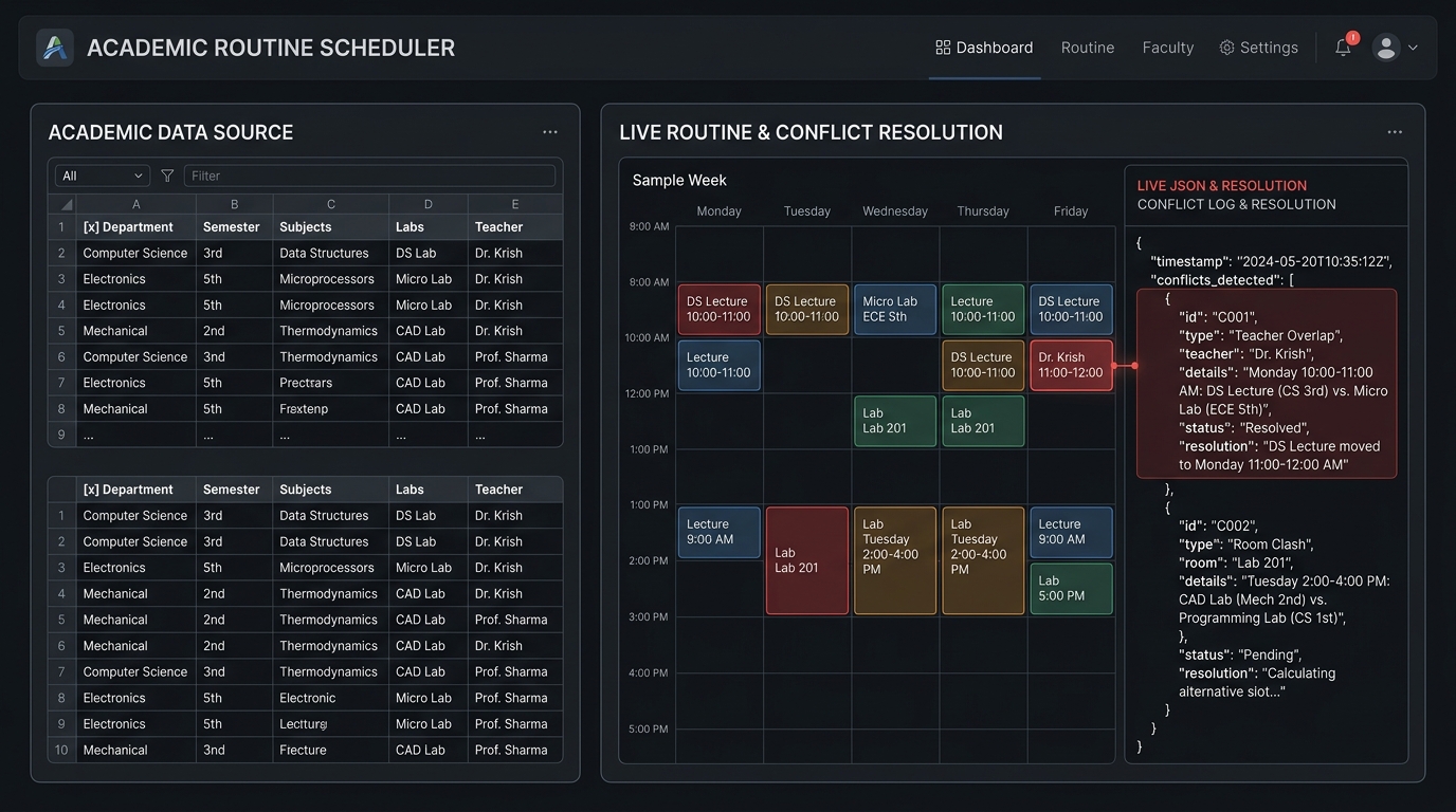 Routine Gen timetable generator interface showing live schedule grid with teacher conflict resolution